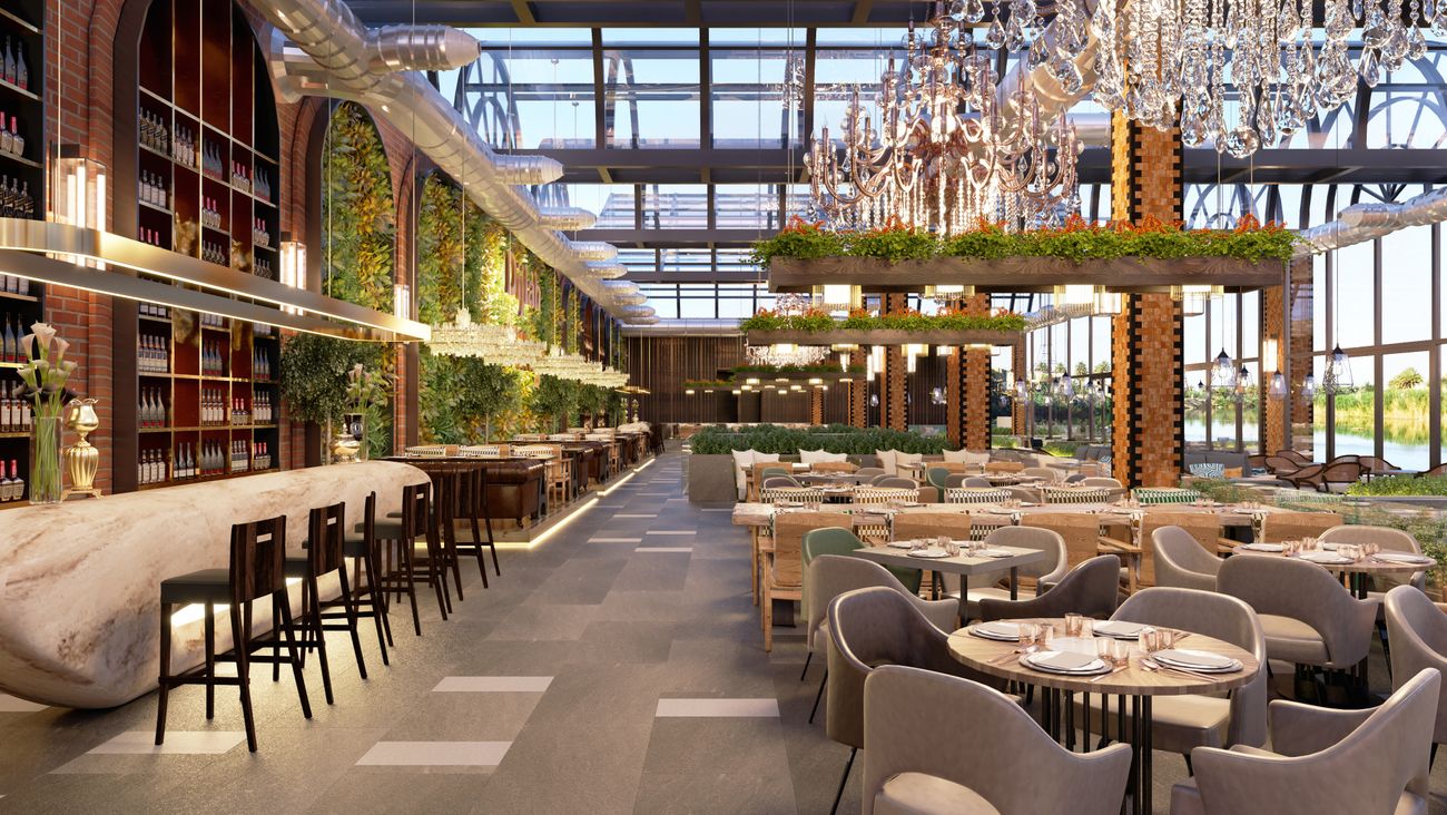 Spacious restaurant and lounge interior with comfortable seating